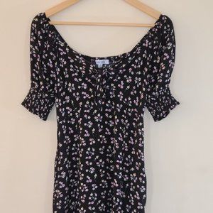 Black Dress with Pink flowers and Pockets